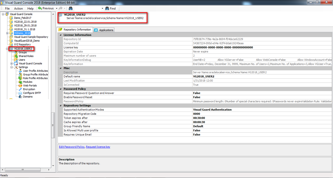 Create a new Repository (Oracle) – Visual Guard