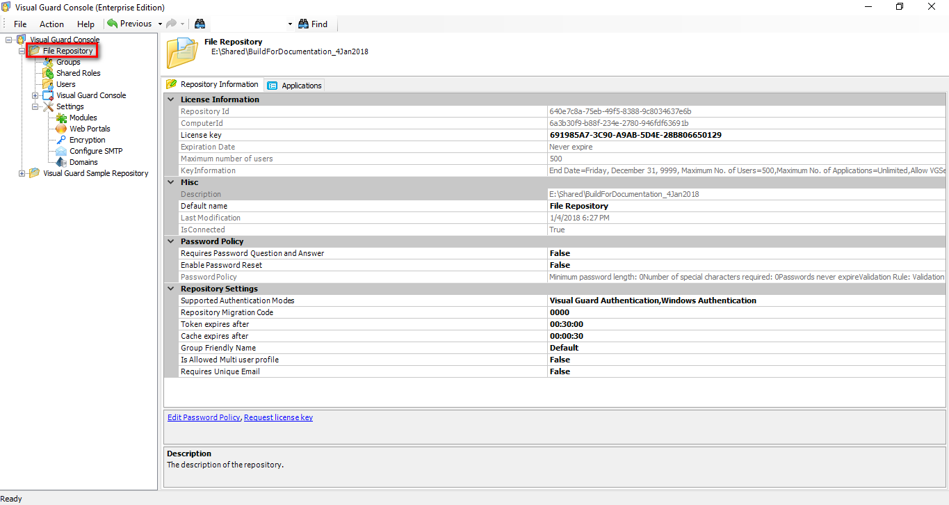 Create a new Repository (File system) – Visual Guard