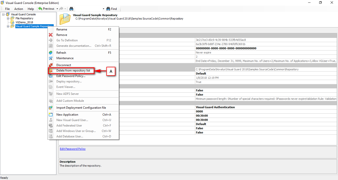 Delete from Repository list – Visual Guard